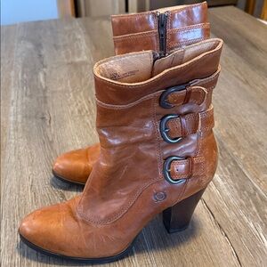 Born Cognac Leather Buckle Ankle Boots